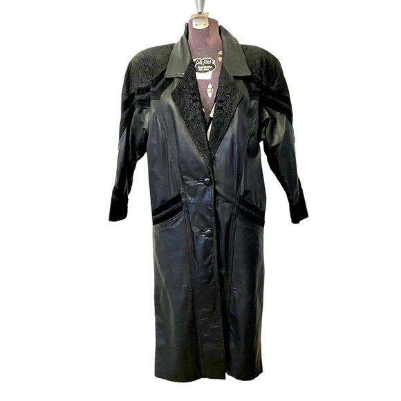Vintage Black Leather Trench Coat Long Maxi Suede Jacket 80s Womens Medium - Picture 1 of 11